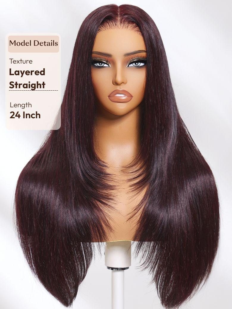 7x5 Bye-Bye Knots? & 13x4 Pre-Everything? Lace Frontal Purple Black Cherry Layered Straight & Loose Wave With Invisi Drawstring Wig