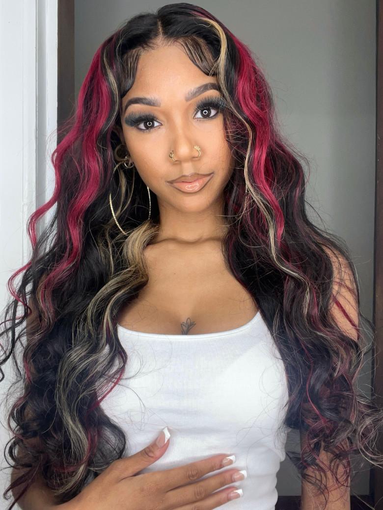 Bye Bye Knots 7x5 Glueless Lace Red Blonde Highlights Loose Wave Wig 150% Density