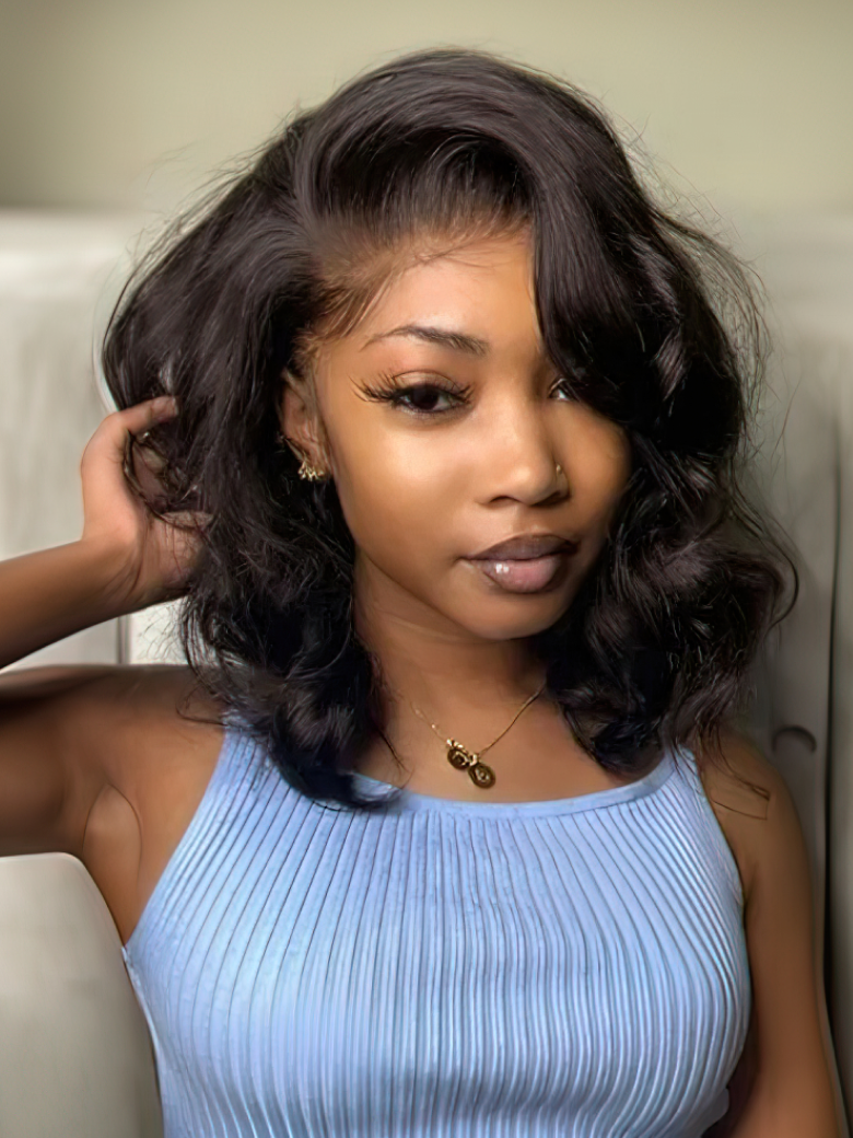 Feather Bangs Wave Bob Wig Human Hair Transparent Lace Front Wig