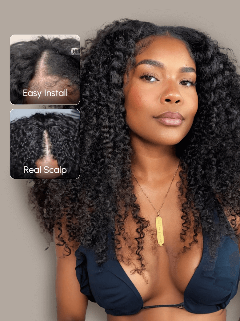 Beginner Friendly EasiContour & Hand Tied V Part Kinky Curly Wig Glueless Protective Wig 150% Density