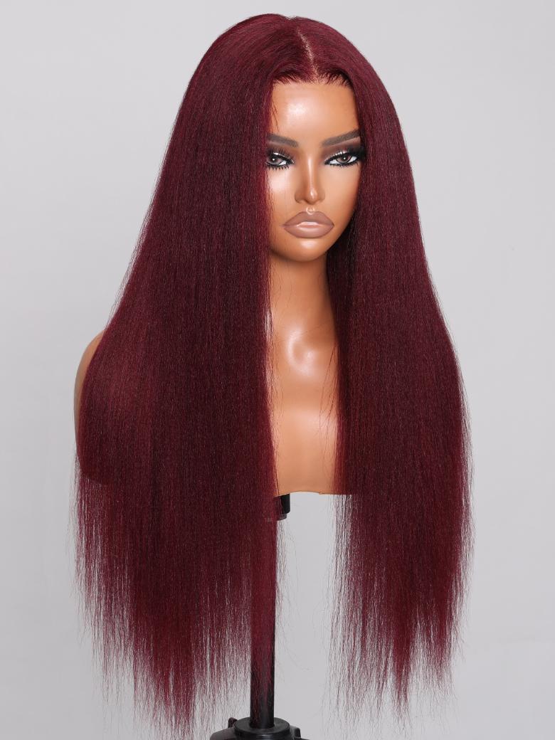 Bye Bye Knots Wig 7x5 Glueless Lace Burgundy Yaki Wig With Bleached Knots