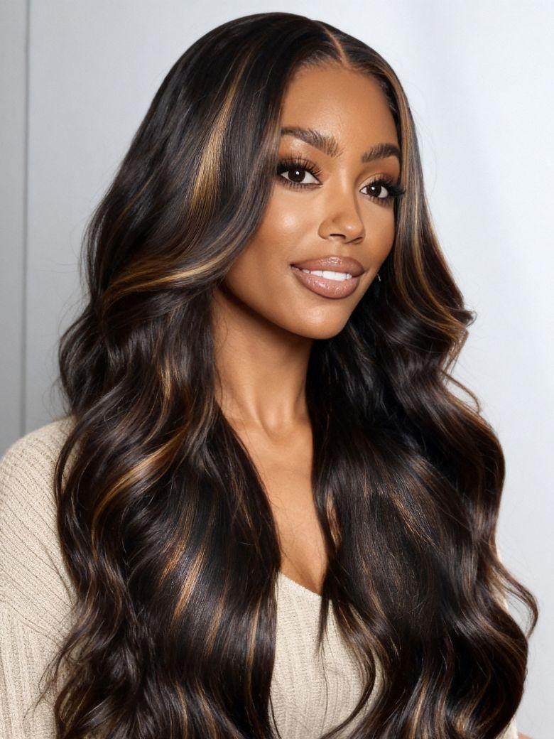 13x4 Pre-Everything? Lace Frontal Brown With Caramel Highlights Yaki Loose Wave Drawstring Wig