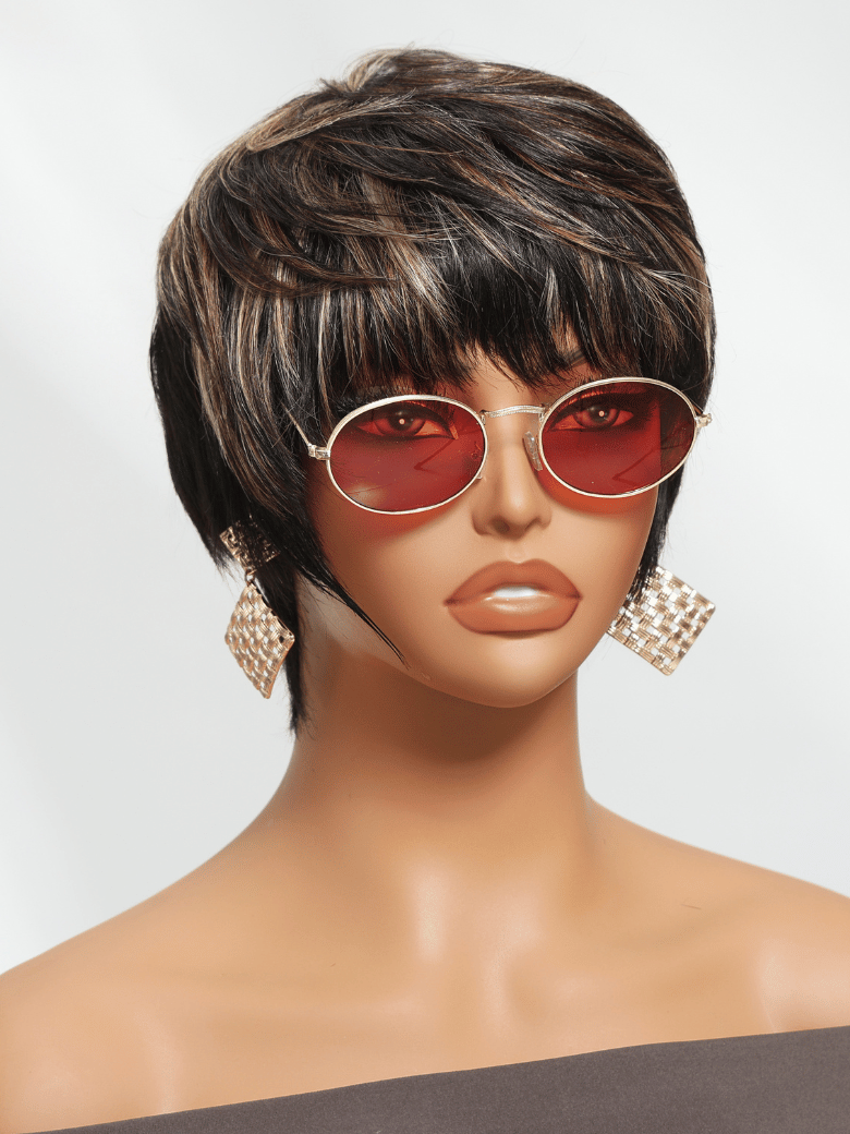 Black with Light Brown Highlights Short Pixie Cut Human Hair Glueless Wig