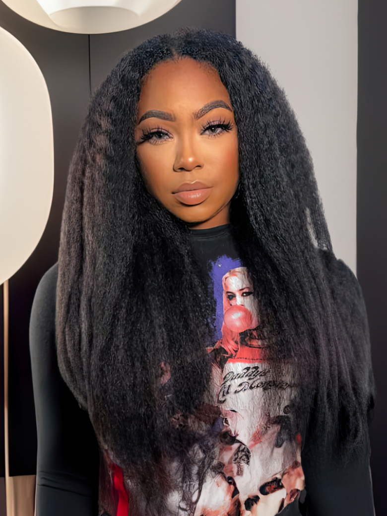 24" Put On And Go Pre Cut Lace 4x4 Closure Kinky Straight 180% Density Black Quick & Easy Glueless Air Wig