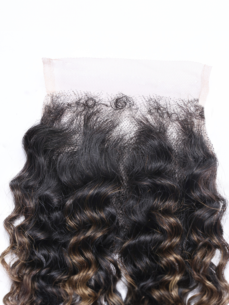 4x4 Lace Closure With 4 Bundles Jerry Curly #FB30 Brown Balayage Color