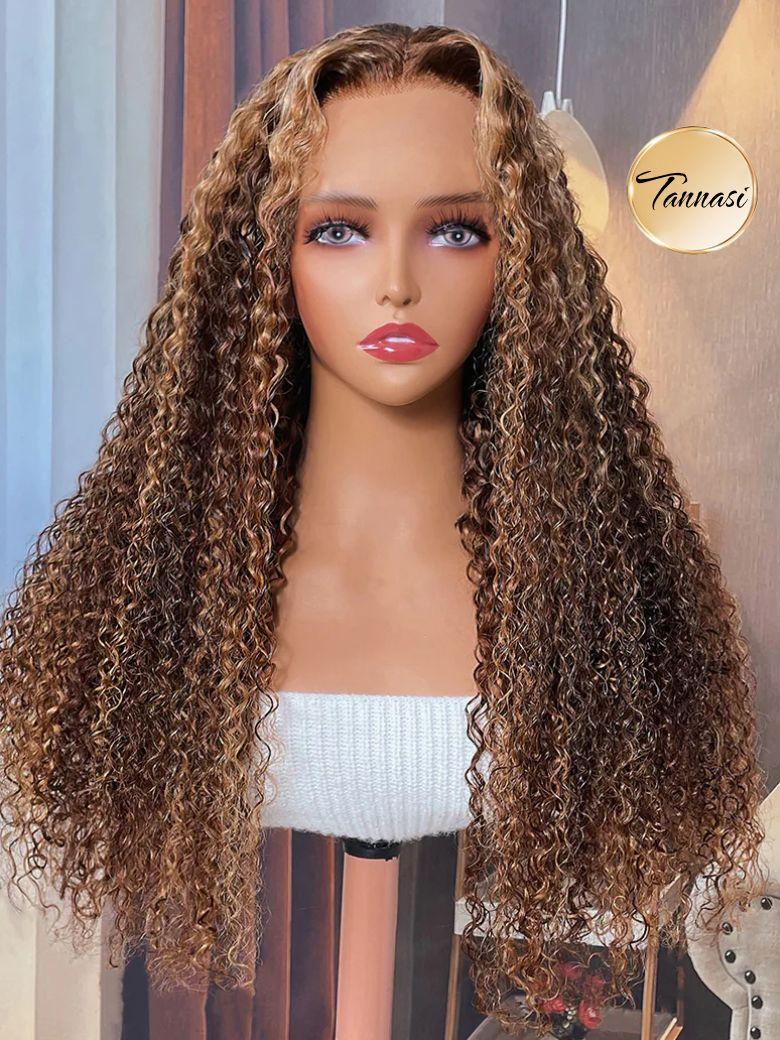 Transparent Lace Ombre Honey Blonde Money Piece Highlight Lace Wigs Curly Human Hair Wigs