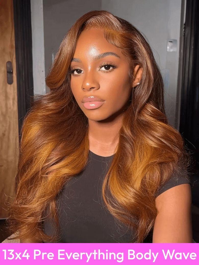 13x4 Pre-Everything? Lace Frontal Caramel Brown With Honey Blonde Highlights Water Wave Glueless Drawstring Wig