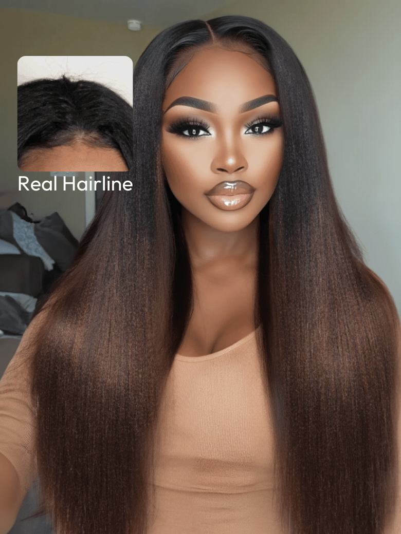 Glueless EasiContour? V Part Black to Chestnut Brown Ombre Yaki Wig With Invisi Drawstring