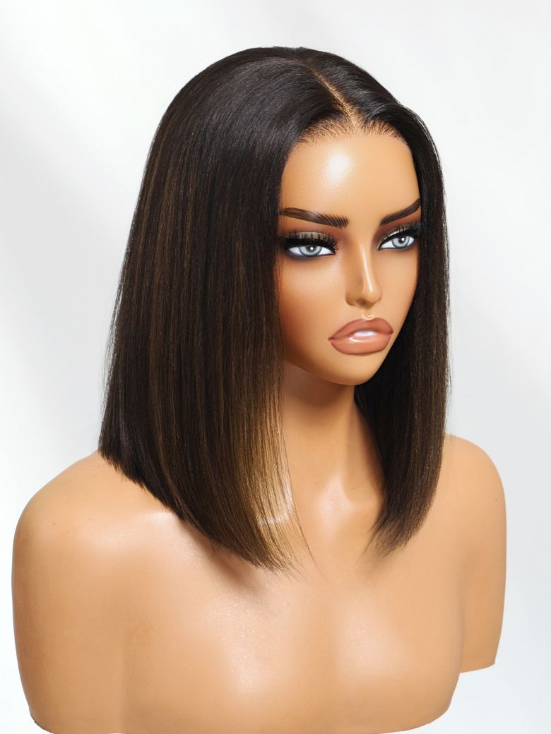 Bye-Bye Knots? 7x5 Pre-cut Lace Natural Black with Caramel Brown Highlight Yaki Straight Bob Wig