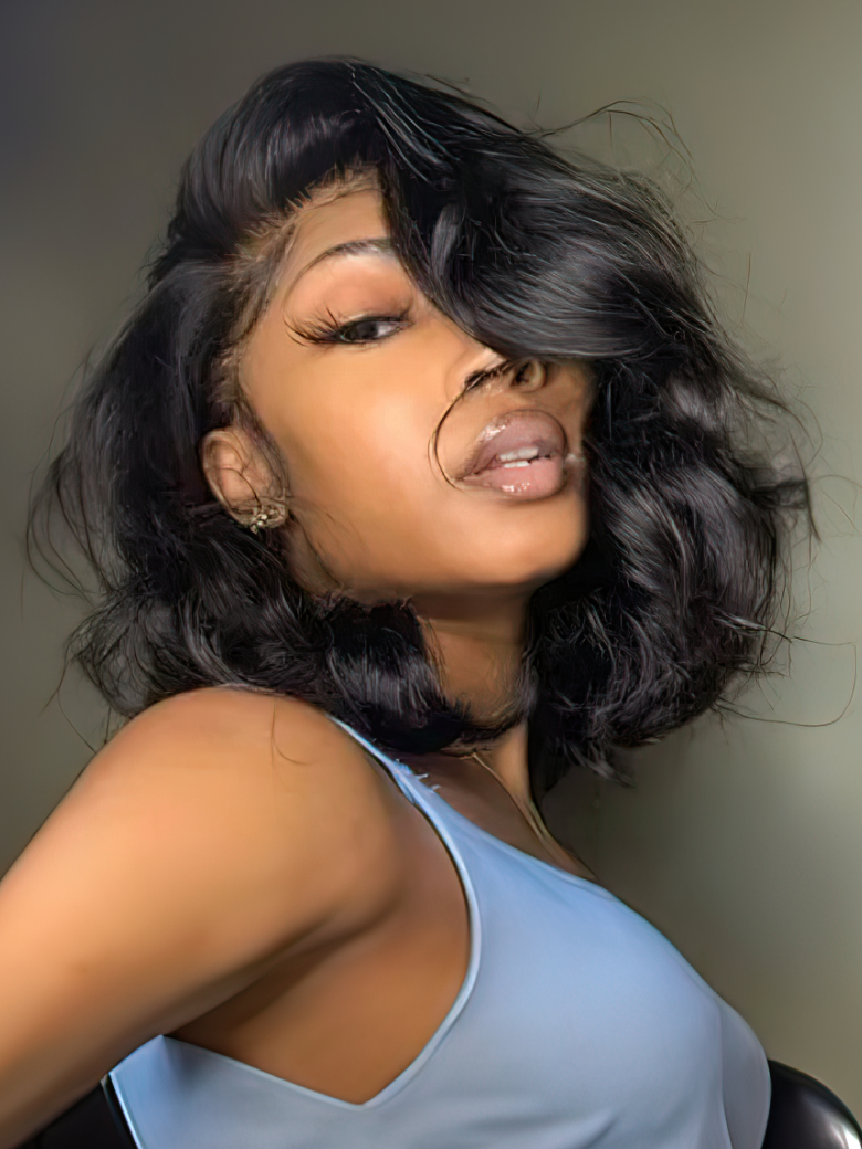 Feather Bangs Wave Bob Wig Human Hair Transparent Lace Front Wig
