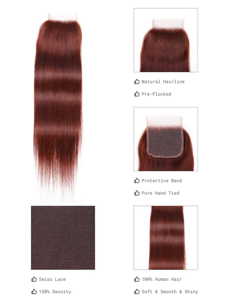 Dark Auburn Straight Remy Human Hair 3 Bundles With Closure Deal