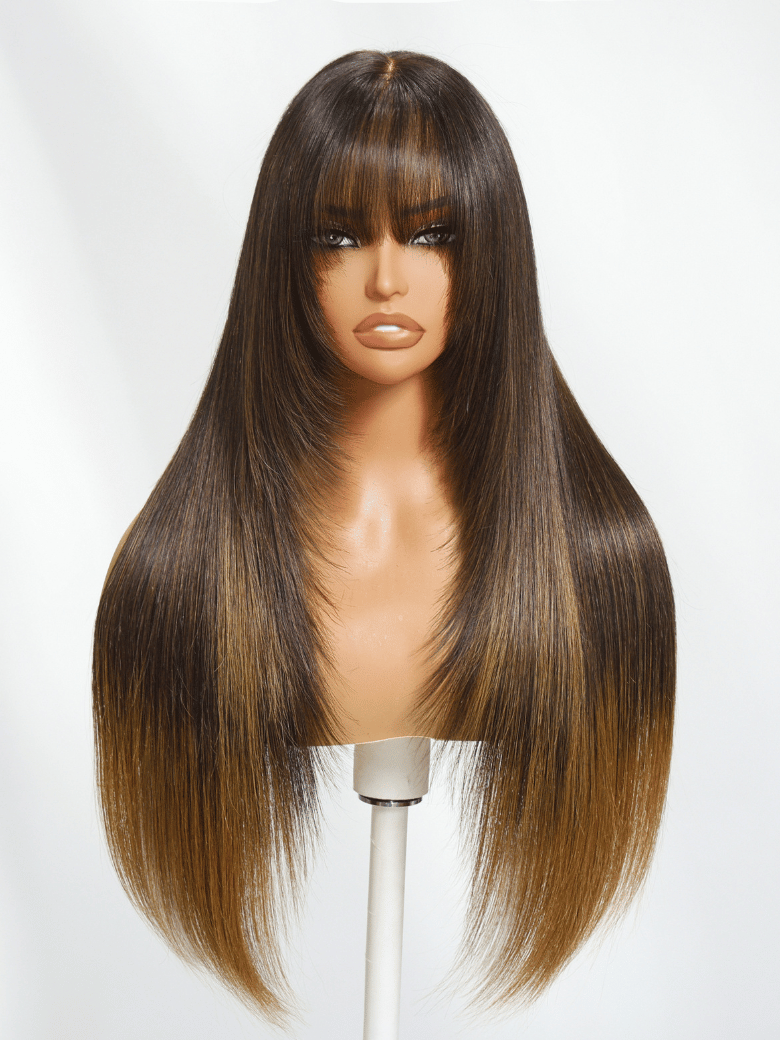 Bye-Bye Knots 7x5 Lace Brown to Blonde Ombre Layered Straight Wig With Wispy Bangs