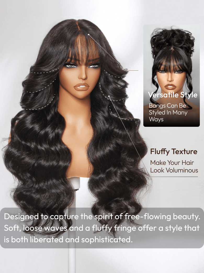 7x5 Bye-Bye Knots? & 13x4 Pre-Everything? Lace Frontal Black Fluffy Natural Loose Wave Curtain Bangs Wig