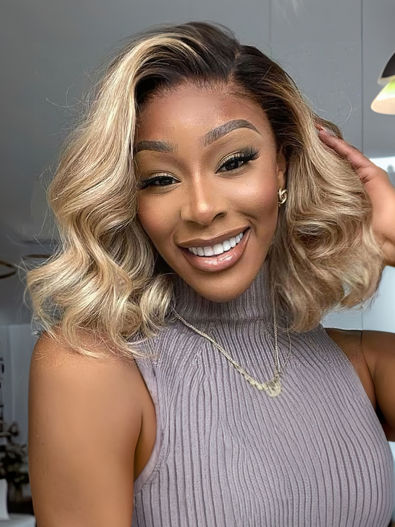 613 Blonde With Brown Roots 13x4 Lace Front Straight Bob Wig