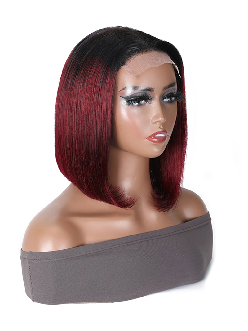 Short Straight Ombre 99J Bob Wig 4x4 Lace Closure Wig 2 Tones 1b/99J Color