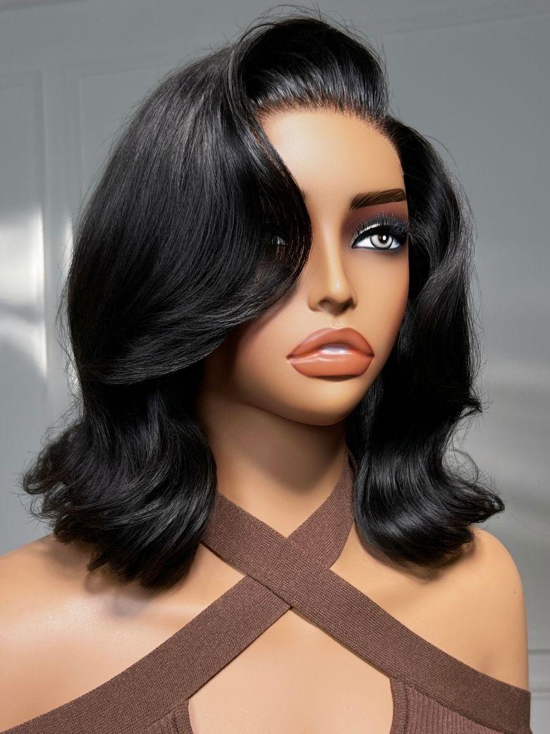 7x5 Bye Bye Slip? Lace Black Glueless Flipped Bob Drawstring Wig with Side Part Bangs