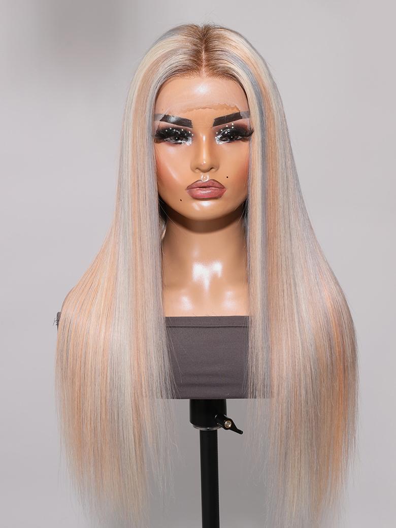 13x4 Lace Front Glossy Blonde Straight Wig With Silver Highlight