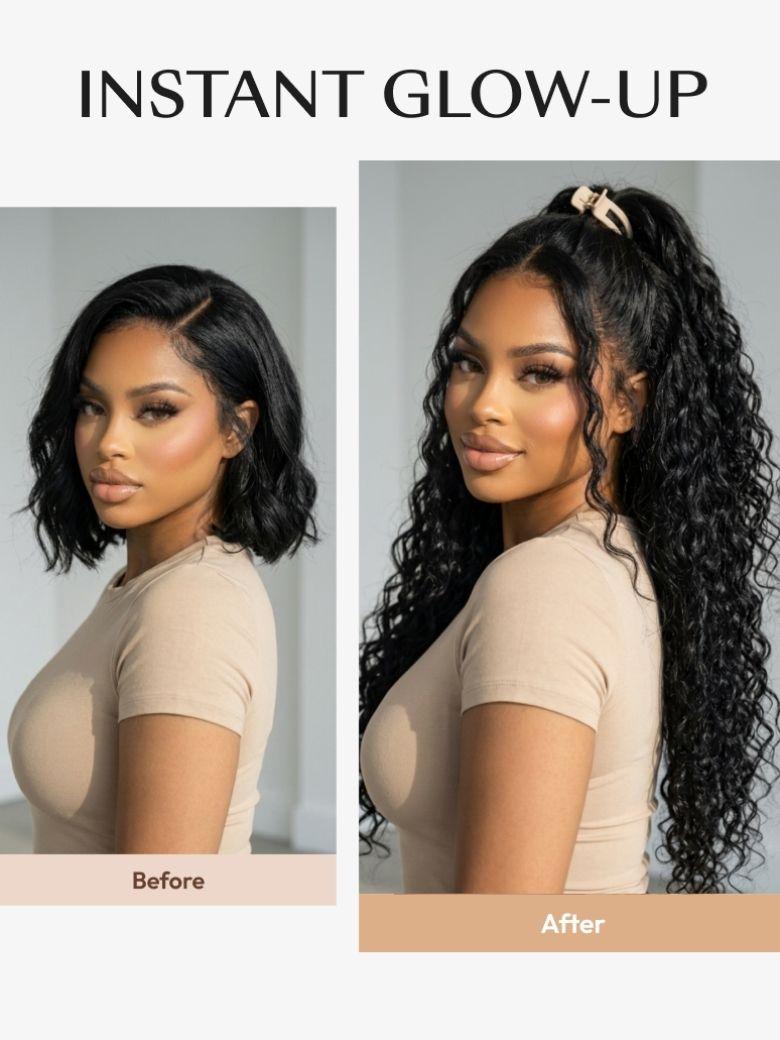 A model showcases a glueless wig with a seamless hairline and water wave texture, styled in a secure half-up ponytail.