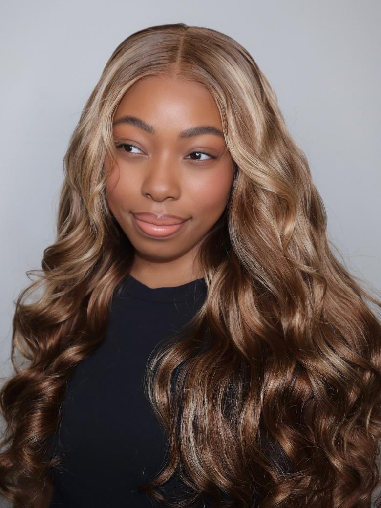 13x4 Lace Frontal Sun Kissed Honey Blonde Highlights Body Wave Lace Wig Versatitle & Realistic
