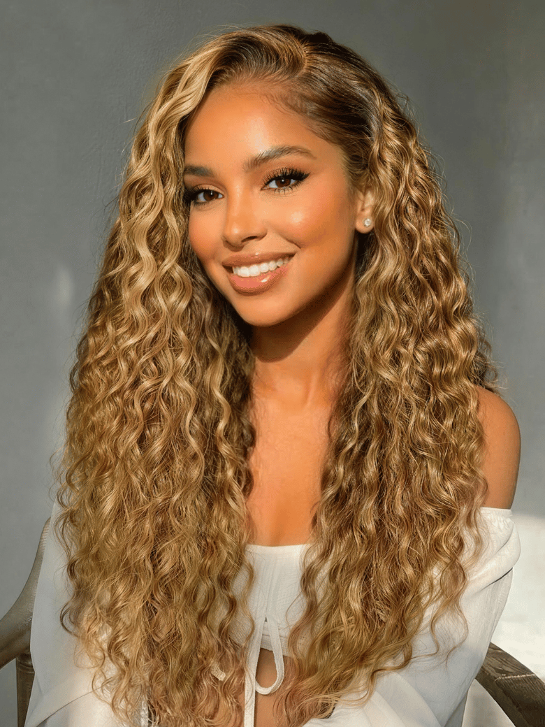 13x4 Pre-Everything? Lace Frontal Caramel Brown With Honey Blonde Highlights Water Wave Glueless Drawstring Wig