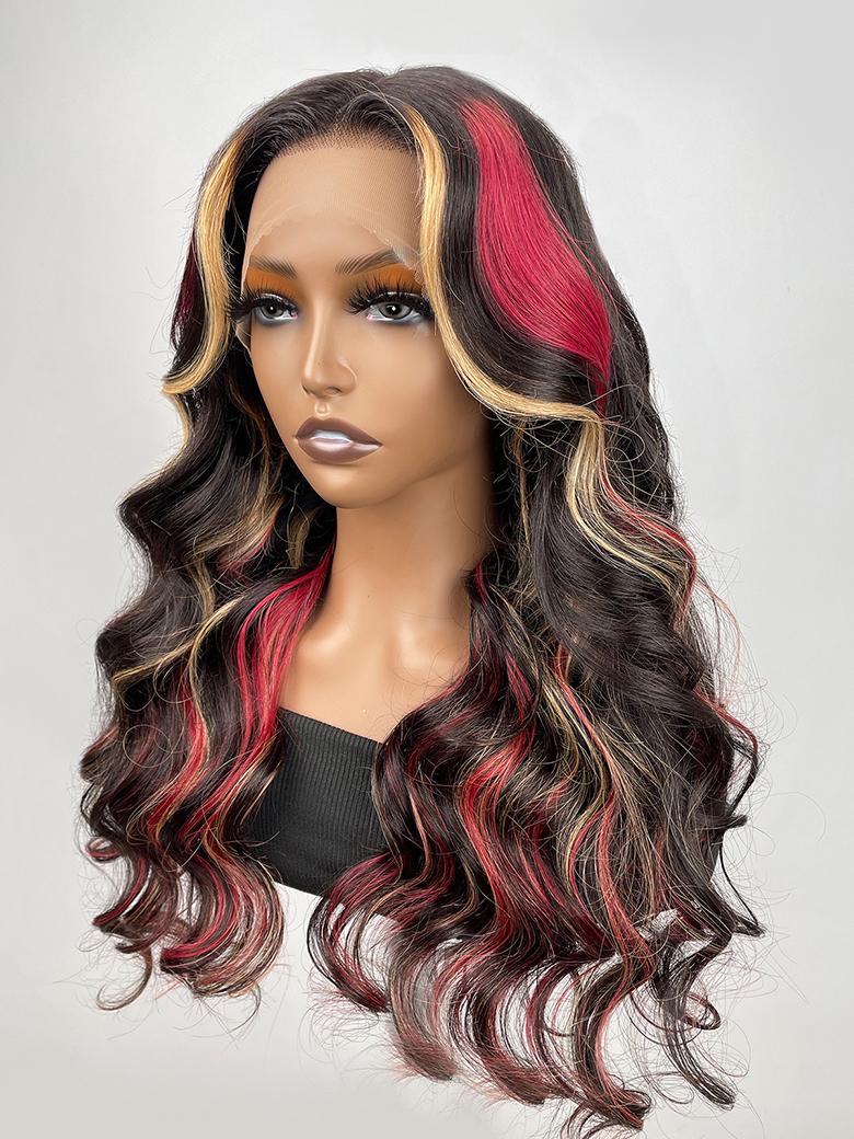 26 Inch Black with Red & Blonde Highlights 13x4 Lace Front Red And Blonde Loose Wave Wig 150% Density