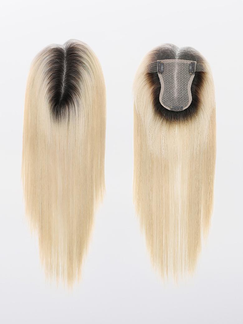 3.5x5.5 HD Lace Light Blonde Dark Roots Straight Clip On Hair Topper