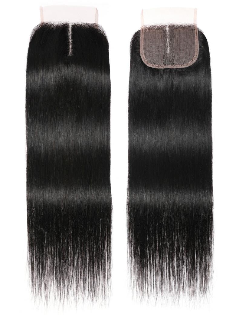 Straight Hair 4 Bundles with T Part Lace Closure Middle Part Closure,Natural Black 100% Virgin Hair