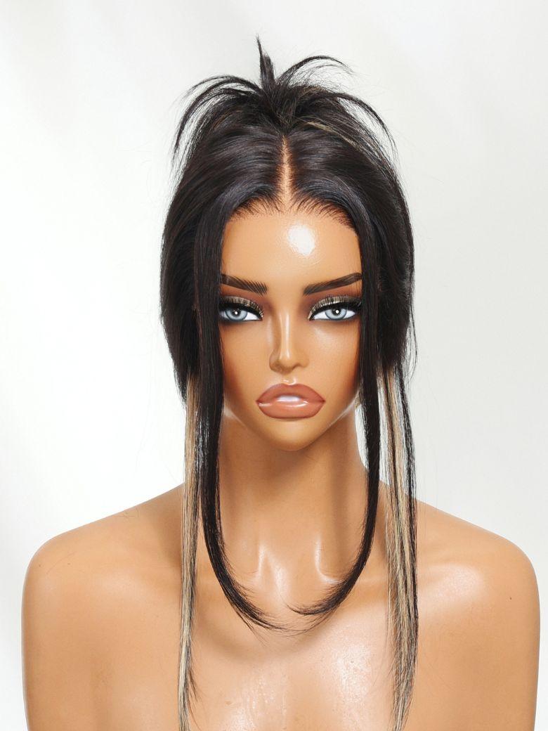 Bye-Bye Knots? 7x5 Lace Black with Blonde Peekaboo Highlights Layered Straight Wigs with Invisi Drawstring