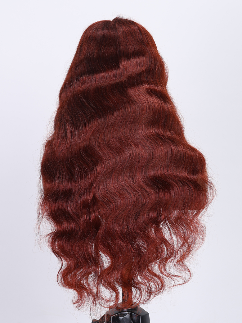Putonandgo 7x5 Glueless Lace Wig Reddish Brown Body Wave Bleached Knots Wig