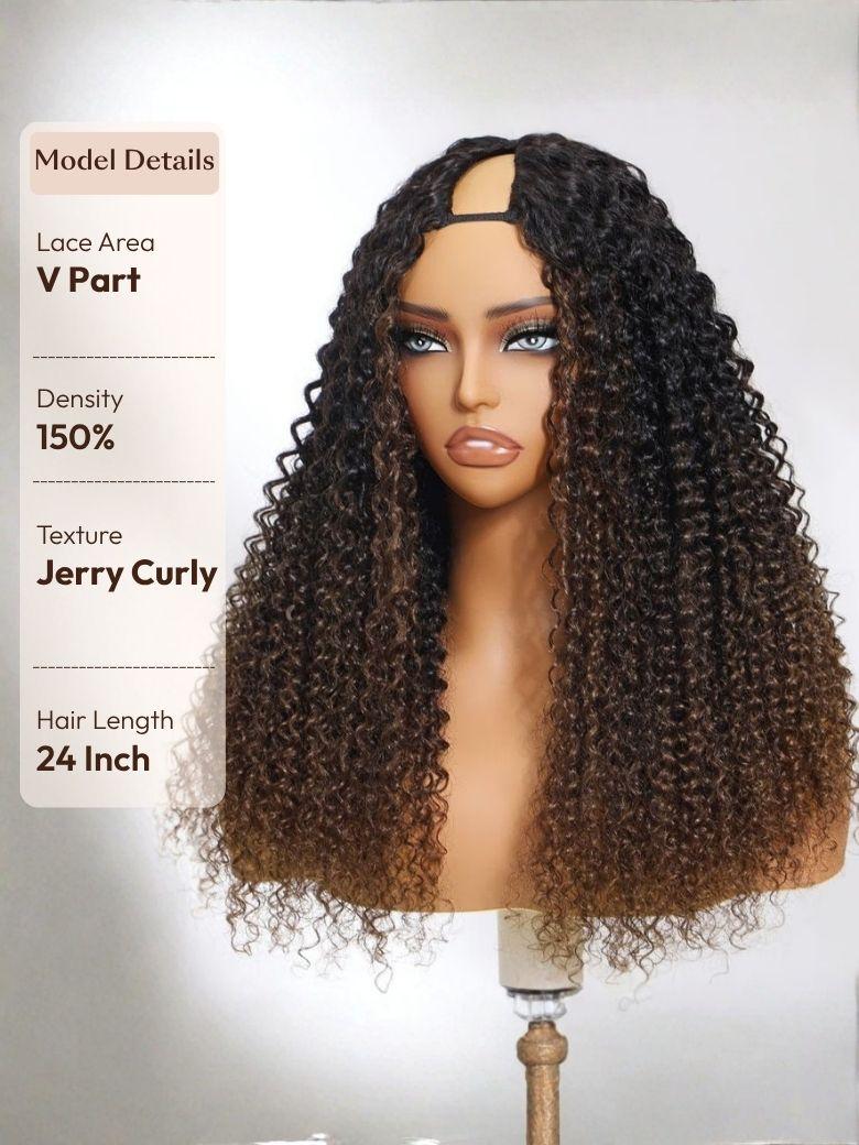 EasiContour? V Part Black to Chestnut Brown Jerry Curly Drawstring Wig & 7x5 Bye Bye Slip? Glueless Lace Burmese Curly With Finger Coil Ends Wig