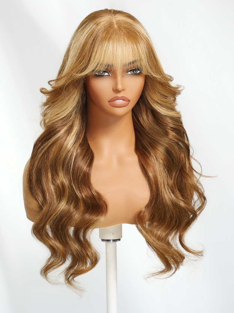 13x4 Pre-Everything? Lace Frontal Honey Blonde Highlights Fluffy Loose Wave Curtain Bangs Wig