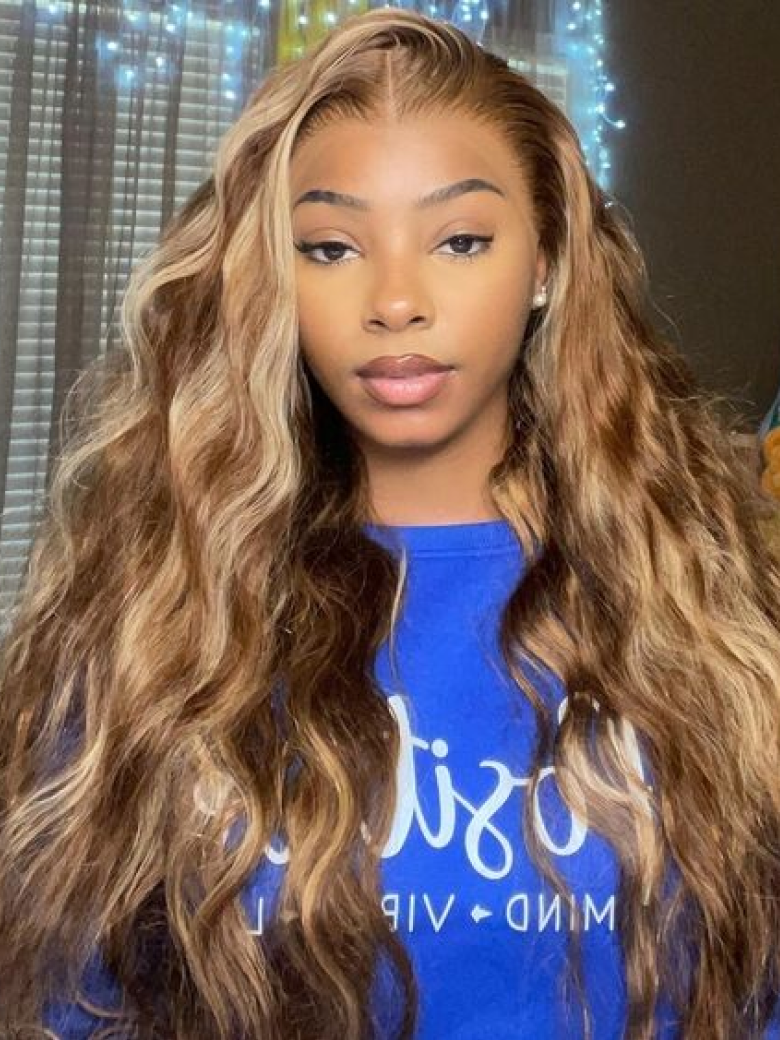 13x4 Lace Front Wigs Human Hair Body Wave Colored Wigs Honey Blonde Highlight 150% Density