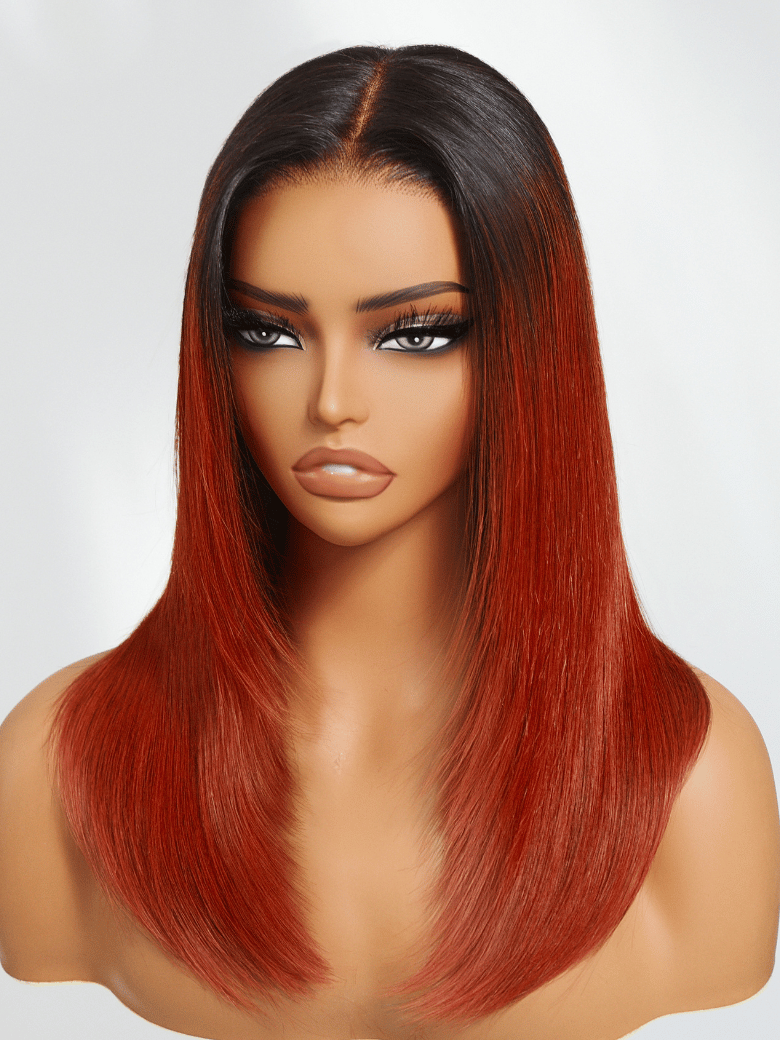 Bye-Bye Knots 7x5 Lace Burnt Orange with Dark Roots Layered Straight Wig