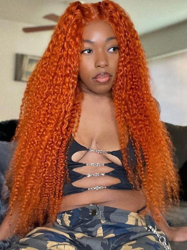 22 Inch Lace Part 150% Density Ginger Color Jerry Curly Human Hair Wig