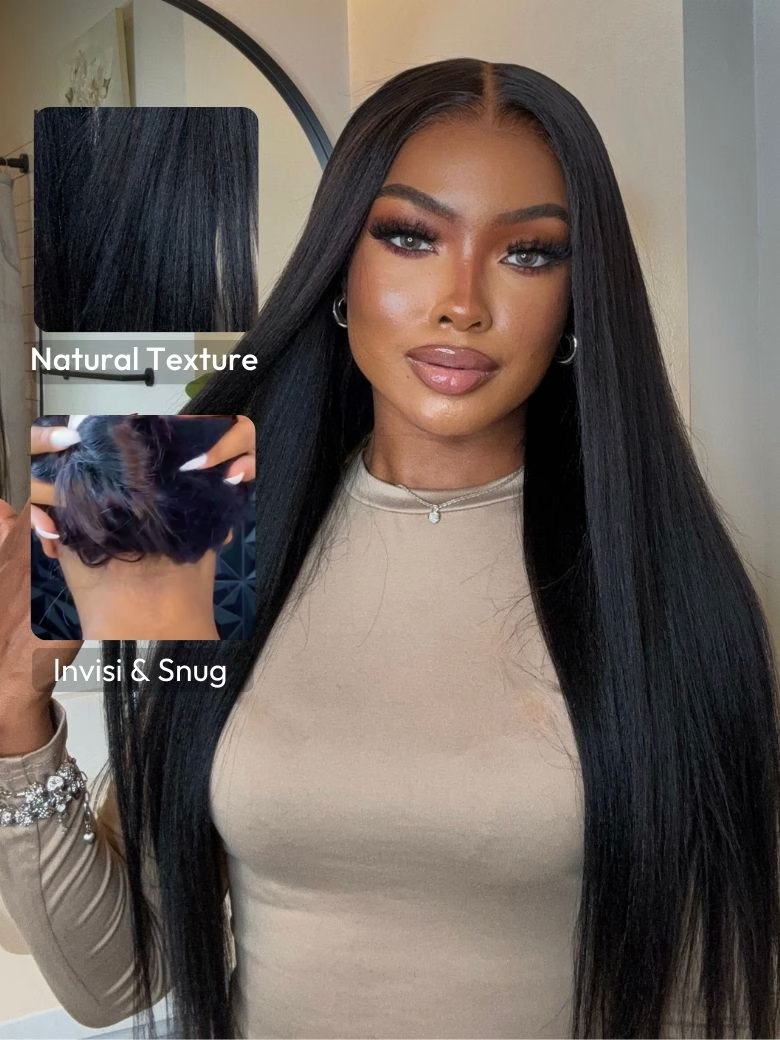ByeBye Knots? Wig 7x5 Glueless Lace Black Yaki Straight Wig With Elastic Drawstring 360 Cozy Hug