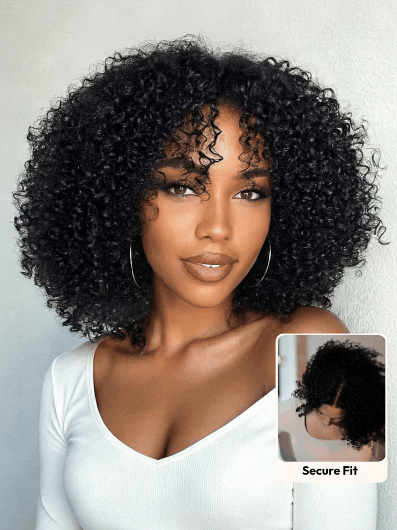 7x5 Bye Bye Slip? Lace Natural Black Afro Kinky Curly with Finger Coil Ends Drawstring Wig 180% Density