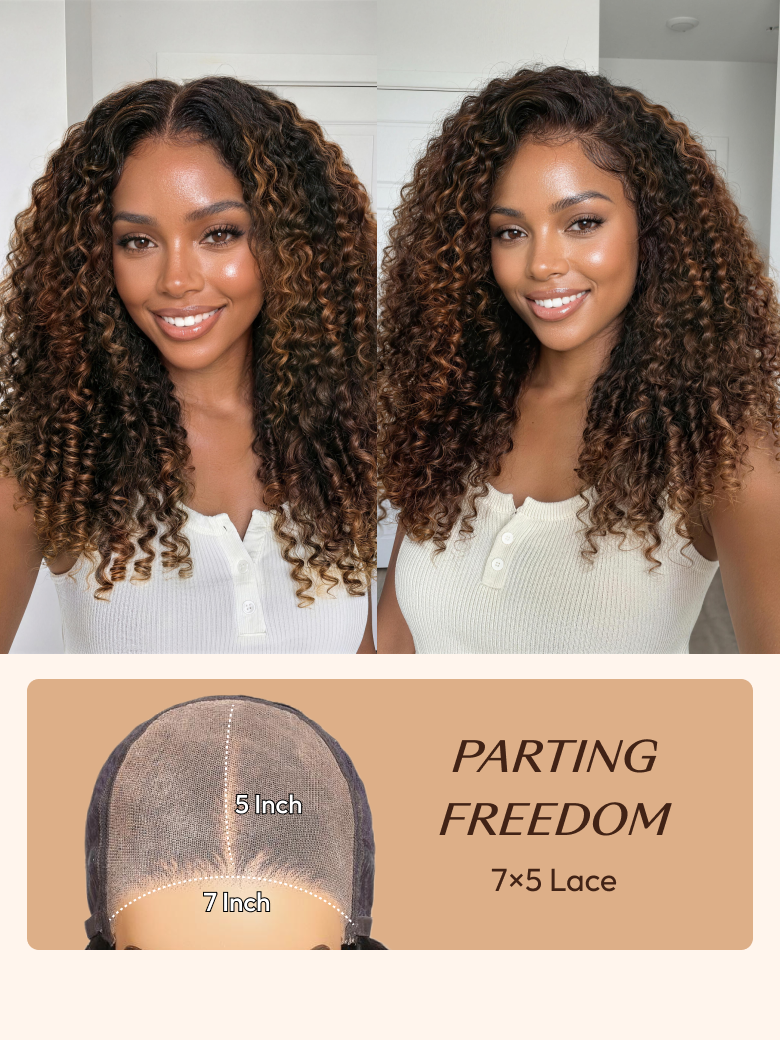 7x5 Bye Bye Slip? Glueless Lace Black to Chestnut Brown Ombre Burmese Curly With Finger Coil Ends Wig-Put On & Go With Invisi Drawstring