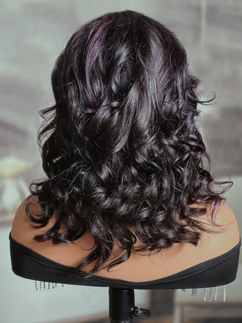 Glueless Purple Skunk Stripe Wolf Cut Wig with Streaks In The Front Open Weft Wig
