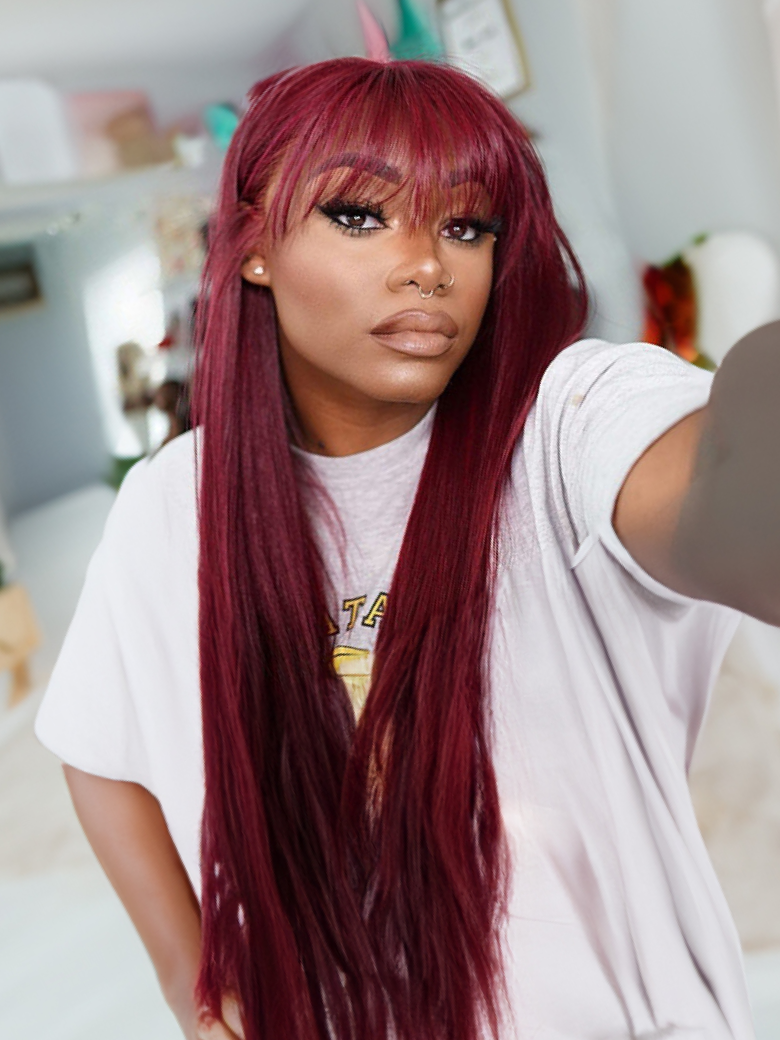 18 Inch Burgundy Silk Straight Human Hair Wigs with Bangs Glueless Machine Made Wigs for Women Real Hair Wig
