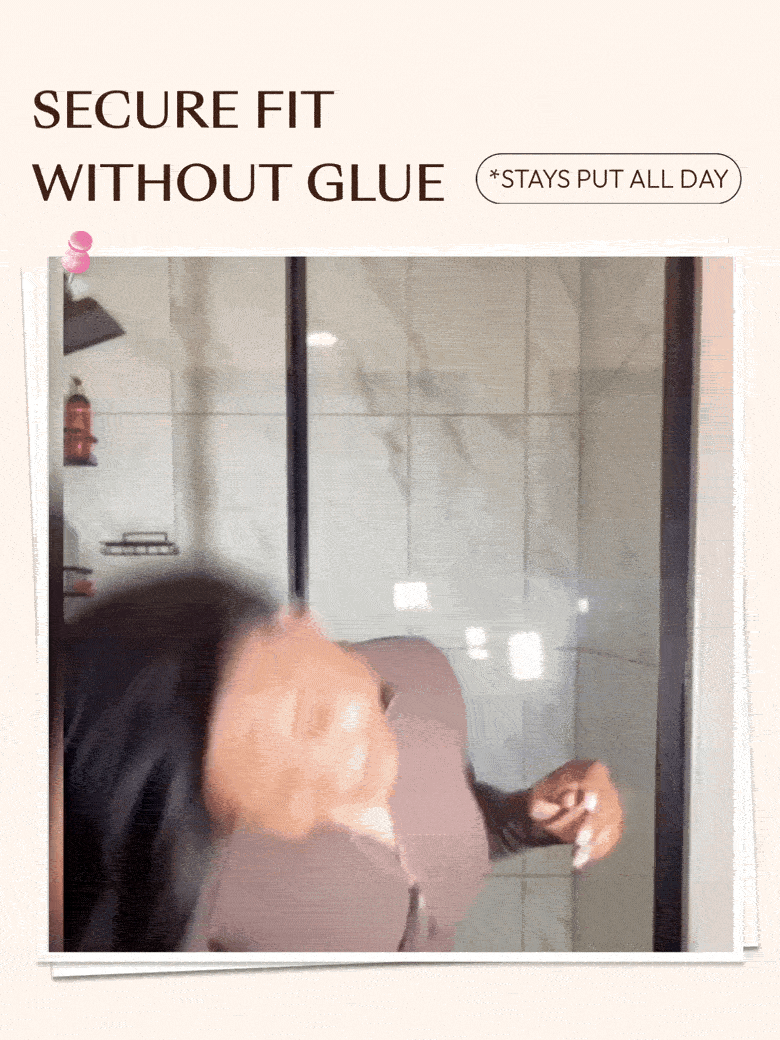 A close-up demonstration of a beginner-friendly secure glueless wig application, showing a pink comb being used to style the pre-plucked hairline and natural middle part of a wavy black wig.