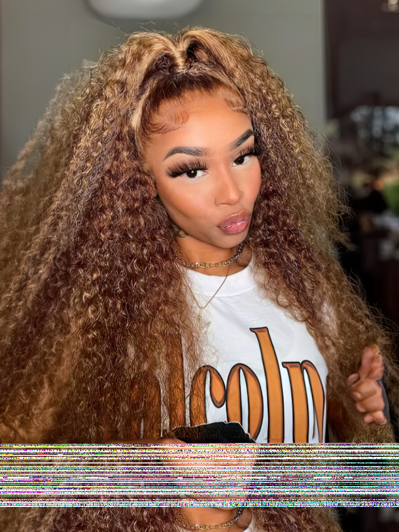Honey Blonde Sun Kissed Highlights 13x4 Transparent Lace Front Kinky Curly Wig 150% Density