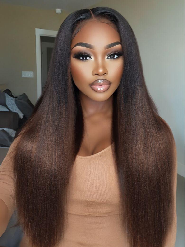 EasiContour? V Part Black to Chestnut Brown Ombre Yaki Wig With Invisi Drawstring