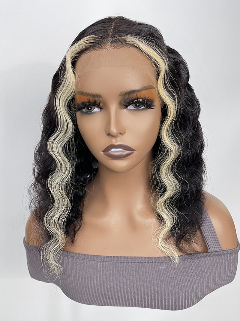 180% Density Crimped Bob 13x4 Lace Front Black Wig With Blonde Streaks In Front