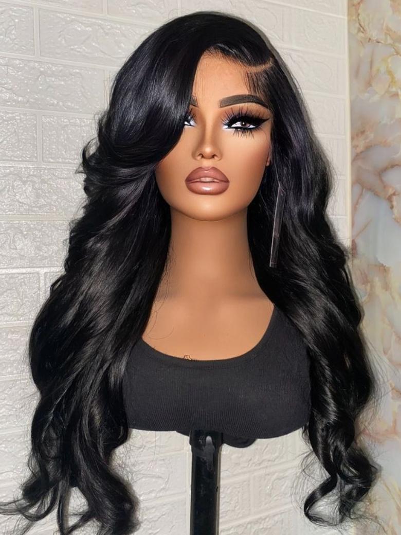 200% Density 13x4 Lace Frontal Body Wave Black Wig Pre Plucked Hairline 100% Human Hair