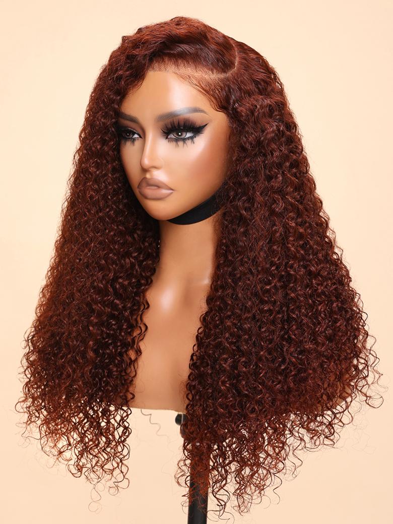 7x5 Bye-Bye Knots Wig Glueless Lace Reddish Brown Curly Wig With Bleached Knots 150% Density