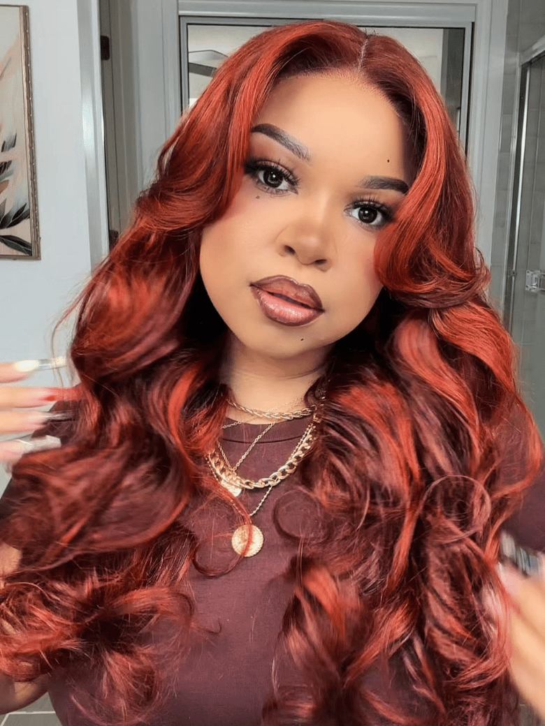 Bye-Bye Knots 7x5 Lace Loose Wave Red Orange Highlights Wig with Face Framing Layers 150% Density