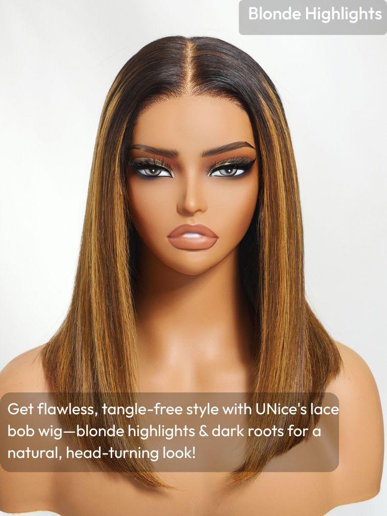Bye-Bye Knots 7x5 Lace Brown With Blonde Piano Highlights Blunt Bob Wig with Dark Roots