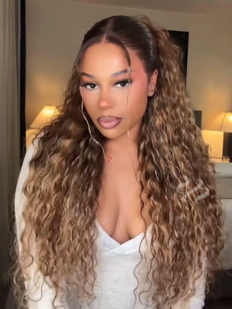 Must-Have 7x5 & 13x4 Bye Bye Slip? Lace Frontal Caramel Brown With Honey Blonde Highlights Water Wave Glueless Drawstring Wig