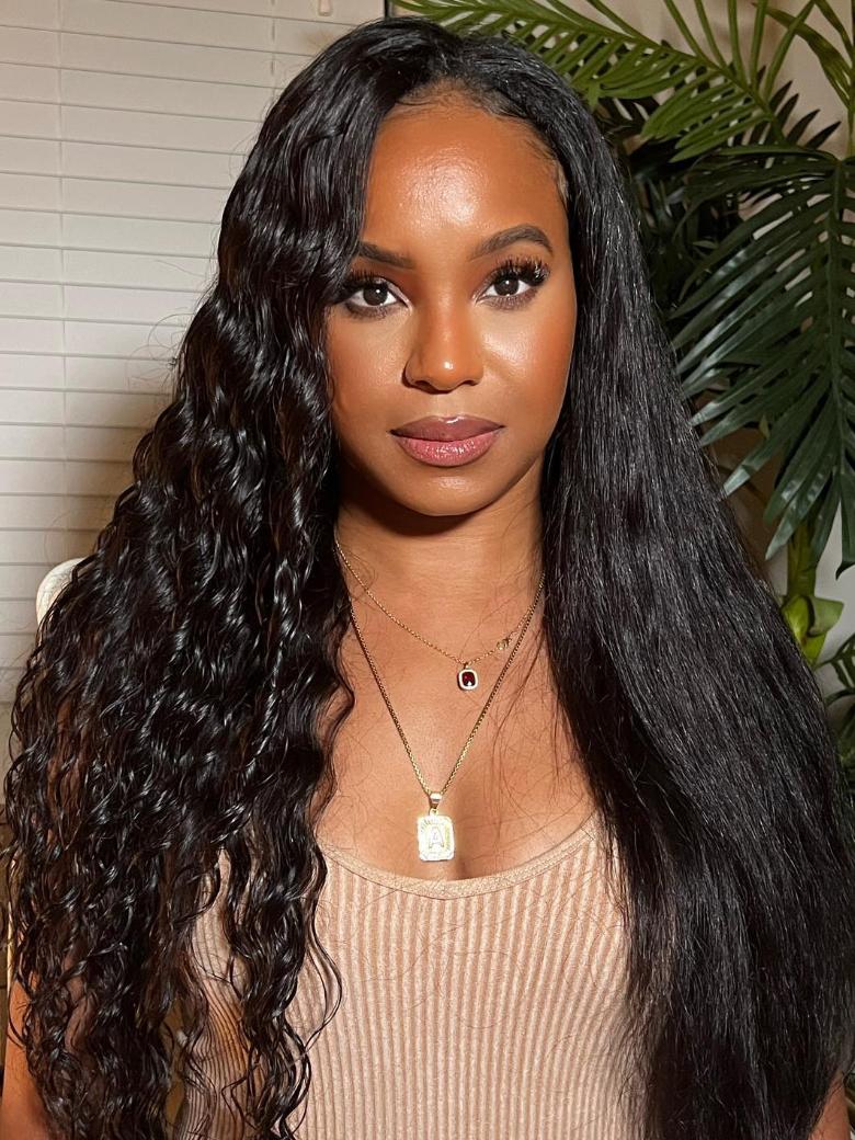 2 in 1 Dry Straight & Wet Deep Wave Hand-Tied V Part Wigs Wet And Wavy Hair Natural Black Color