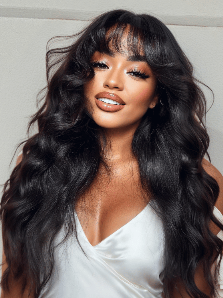 7x5 Bye-Bye Knots? & 13x4 Pre-Everything? Lace Frontal Black Fluffy Natural Loose Wave Curtain Bangs Wig